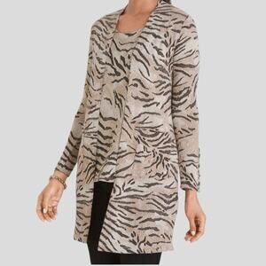 Chico’s Tiger Print Rib Knit Long Cardigan Size 3 US XL Sweater Pockets Mobwife